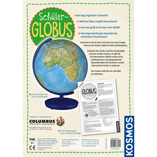 Kosmos Verlag Globo terráqueo infantil Schülerglobus physisch 26cm