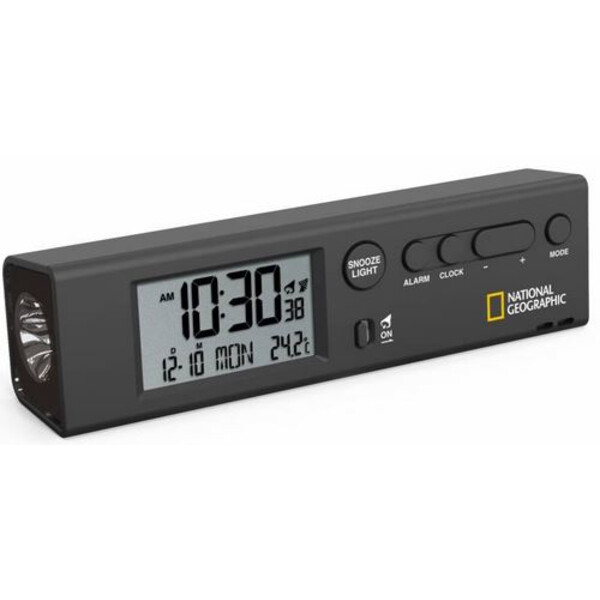 National Geographic Reloj despertador con hora mundial radiocontrolada, termómetro y Lámpara de bolsillo