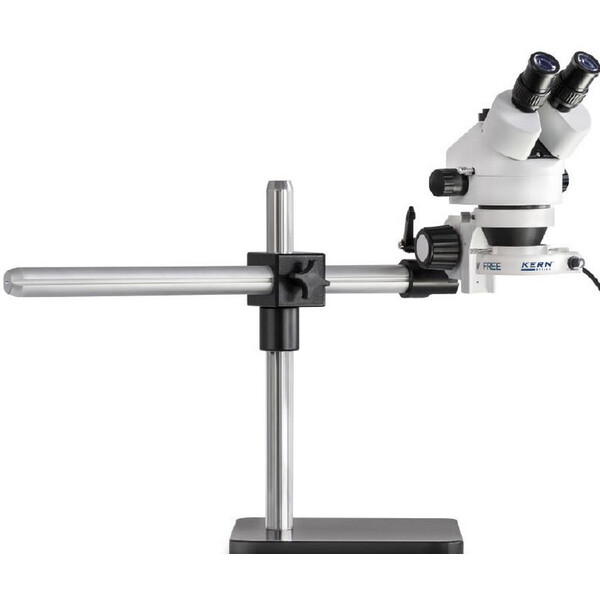 Kern Microscopio stereo zoom OZL 961, bino, 0,7-4,5x, Brazo telescópico Trípodes (Placa), Anillo LED