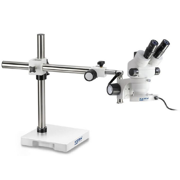 Kern Microscopio stereo zoom OZM 912, bino, 7x-45x, HSWF 10x23 mm, Stativ, Einarm (430 mm x 385 mm) m. Tischplatte, Ringlicht LED 4.5 W