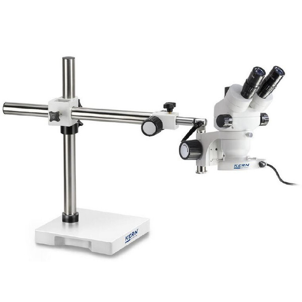 Kern Microscopio stereo zoom OZM 912, binocular, 7x-45x, HSWF 10x23 mm, Trípodes, Brazo único (430 mm x 385 mm) con tablero, Iluminador anular LED 4,5 W
