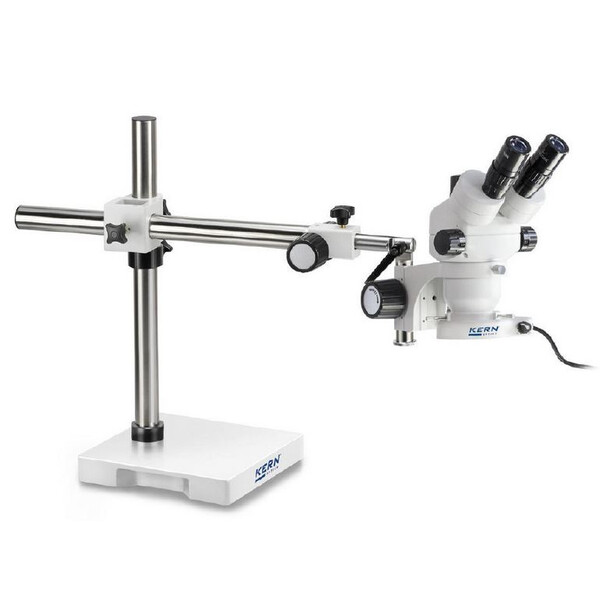 Kern Microscopio stereo zoom OZM 913, trino, 7x-45x, HSWF 10x23 mm, Trípodes, Un brazo (515 mm x 614 mm) con tablero, Iluminador anular LED 4,5 W