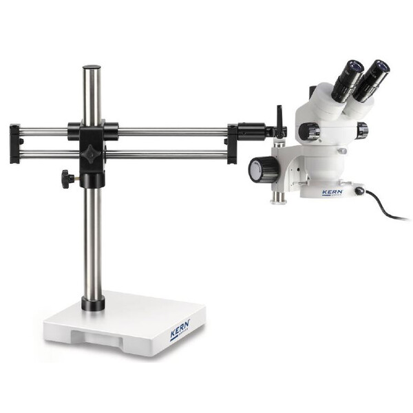 Kern Microscopio stereo zoom OZM 932, bino, 7-45x, HSWF 10x23 mm, Trípode de doble brazo, 430x480 mm, con tablero, Iluminador anular LED 4,5 W