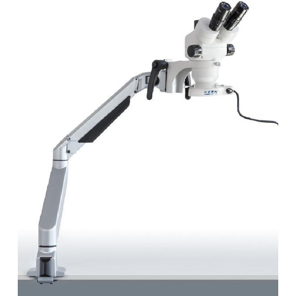 Kern Microscopio stereo zoom OZM 983, trino, 7-45x, HSWF 10x23 mm, Base industriel, muelle, pinza de mesa, luz anular LED 4,5W