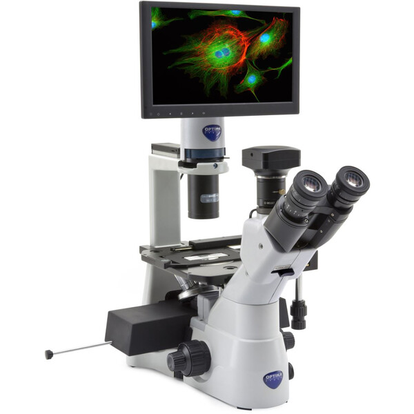 Optika Microscopio invertido IM-3LD4D, 6MP, pantalla de 12", trino, IOS U-PLAN F, LED-FLUO, LWD, 400x, 4 ranuras de filtro vacías