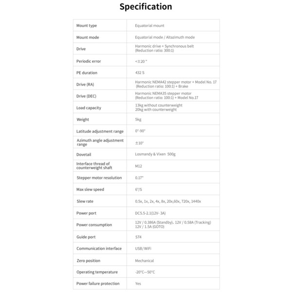 ZWO Montura ecuatorial armónica AM5 + trípode de Carbon