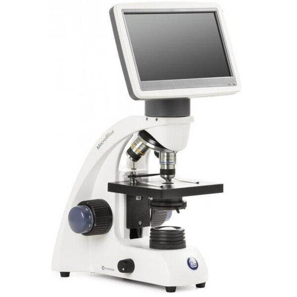 Euromex Microscopio MicroBlue, MB.1001-LCD, pantalla LCD de 5,6 pulgadas, objetivos Achr. 4/10/S40x, DIN 35 mm perf., 40x - 400x, LED, 1W, mesa de objeto simple