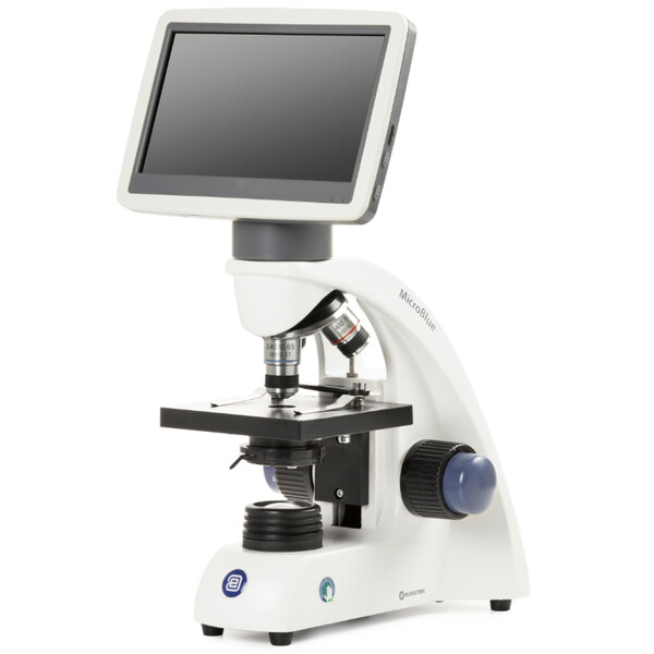 Euromex Microscopio MicroBlue, MB.1001-LCD, pantalla LCD de 5,6 pulgadas, objetivos Achr. 4/10/S40x, DIN 35 mm perf., 40x - 400x, LED, 1W, mesa de objeto simple