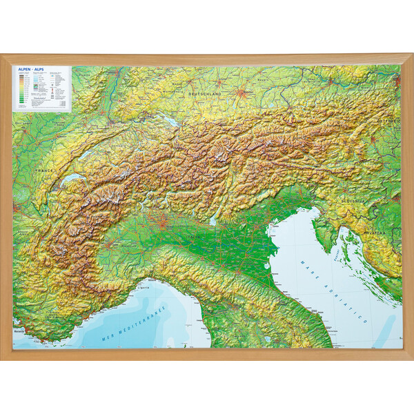 Georelief Arco alpino, grande, mapa en relieve 3D con marco de madera