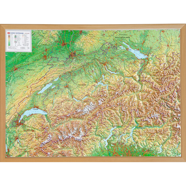 Georelief Suiza, grande, mapa en relieve 3D con marco de madera