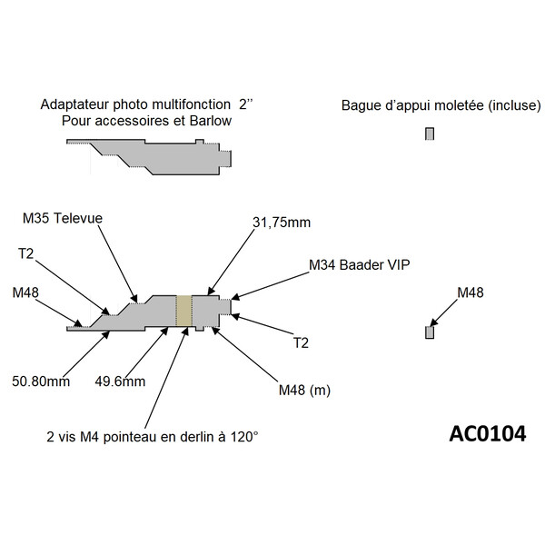 Pierro Astro Adaptador para cámaras de 50,80 mm a T2 y M48 para Barlow