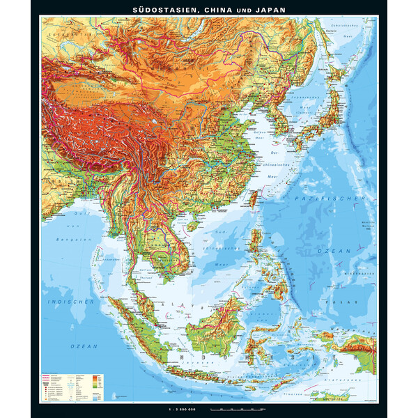 PONS Mapa regional Südostasien, China und Japan physisch (199 x 231 cm)
