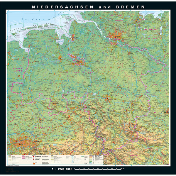 PONS Mapa regional Baja Sajonia y Bremen físico y político (148 x 150 cm)