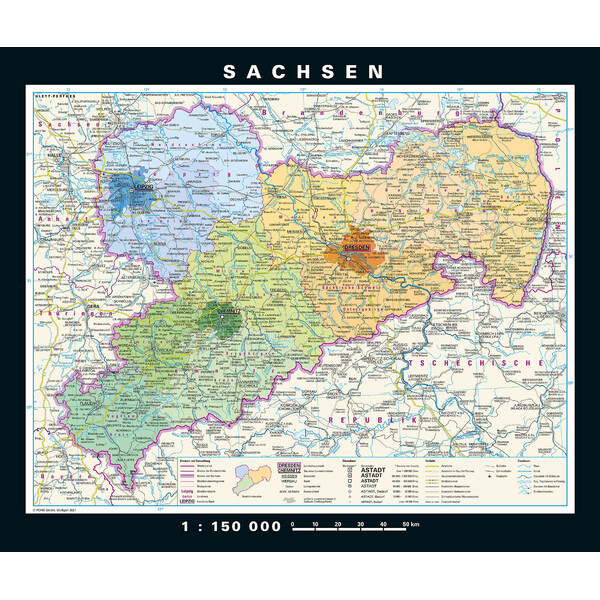 PONS Mapa regional Sajonia física y política (176 x 148 cm)