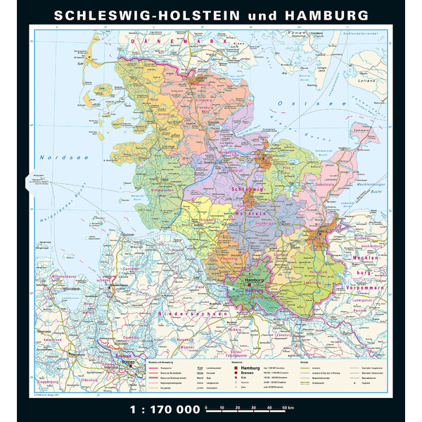 PONS Mapa regional Schleswig-Holstein y Hamburgo físico y político (148 x 175 cm)
