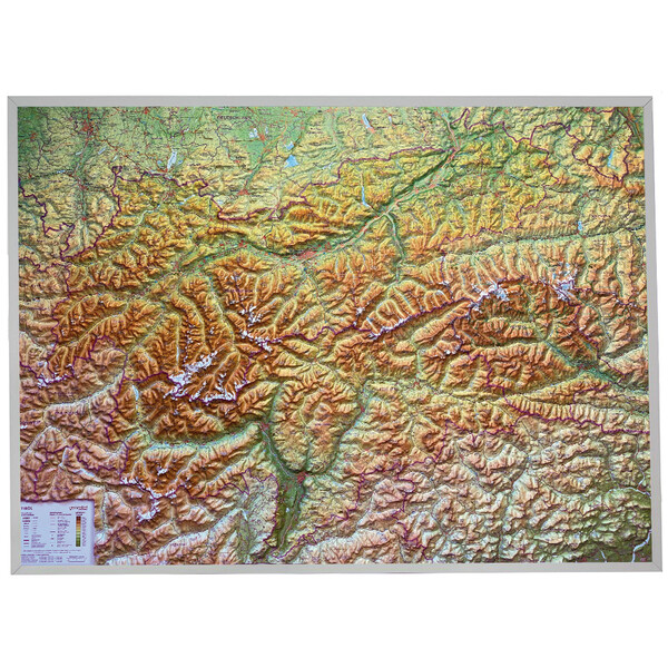 Georelief Mapa regional Tirol (77 x 57 cm) 3D Reliefkarte mit Alu-Rahmen