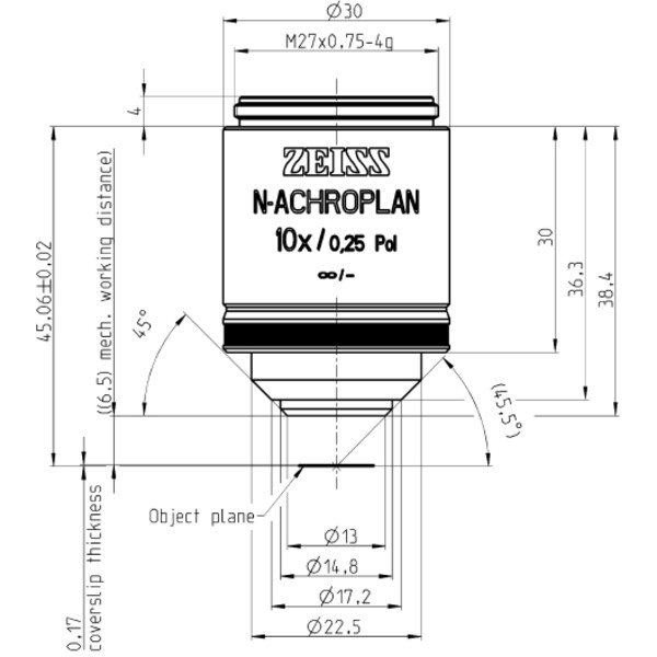 ZEISS Objetivo N-Achroplan 10x/0,25 Pol wd=6,5mm