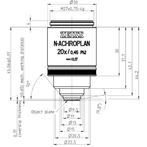 ZEISS objetivo Objektiv N-Achroplan 20x/0,45 Ph2 wd=0,65mm