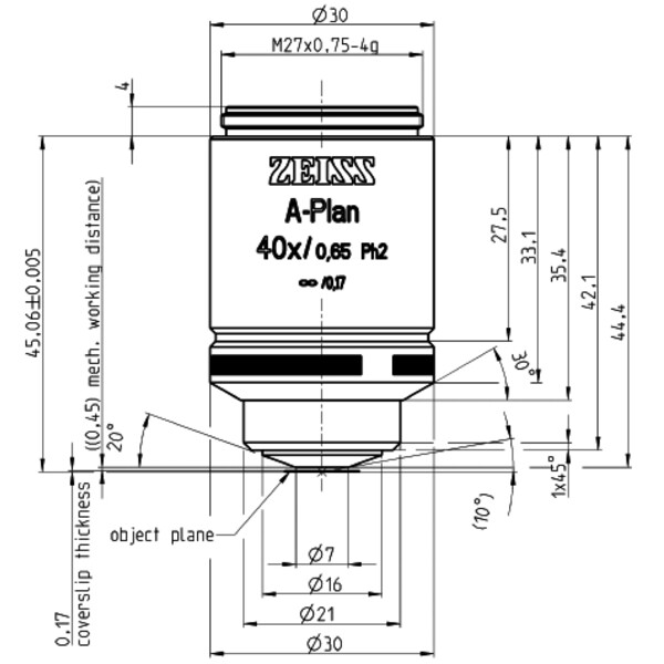 ZEISS objetivo Objektiv A-Plan 40x/0,65 Ph2 wd=a=0,45mm