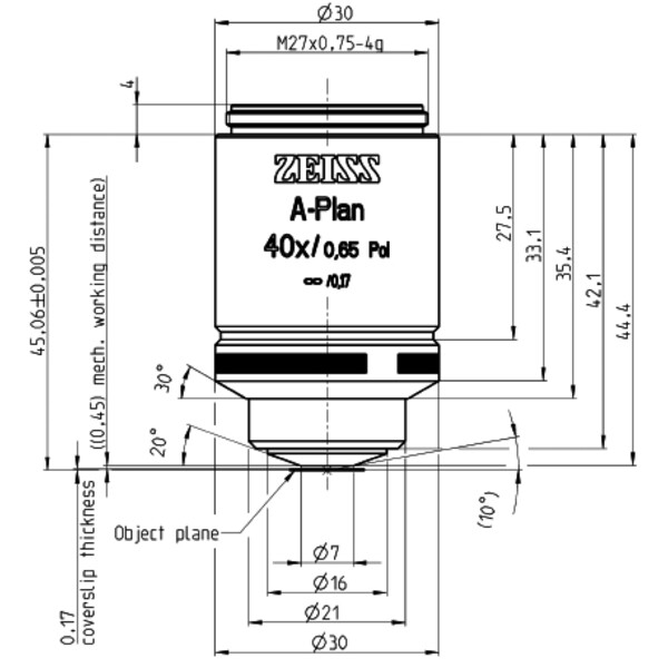 ZEISS Objetivos Plan A 40x/0,65 polo wd=0,45mm