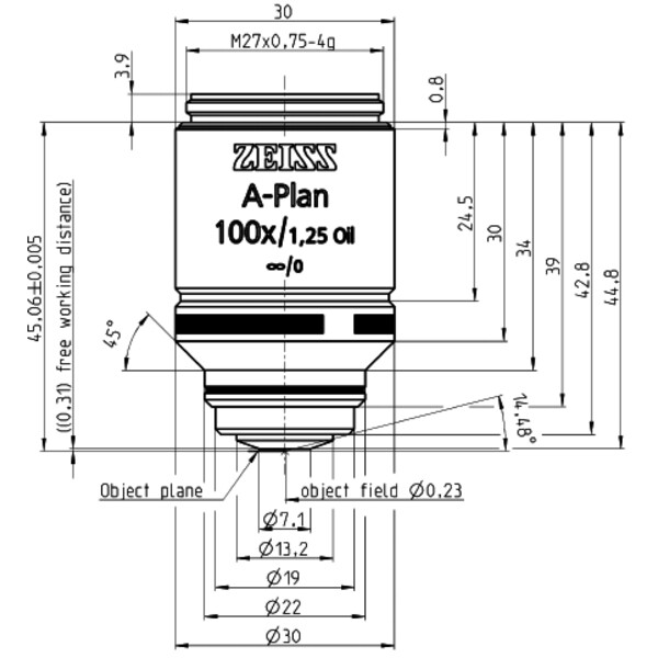 ZEISS Objetivos Plan A 100x/1,25 aceite D=0 wd=0,31 mm