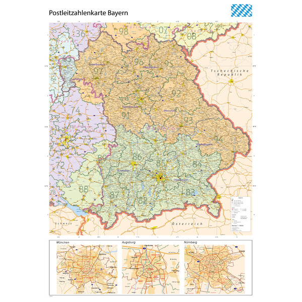 GeoMetro Mapa regional Bayern Postleitzahlen PLZ (100 x 140 cm)