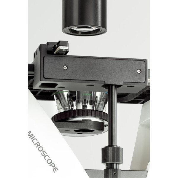Kern Microscopio invertido OCM 166, FL, PH, trino, inverso, Abbe-N.A.-0,3-Condensador fijo, 10x-40x, 30W LED, Al, 100W HBO, Dl