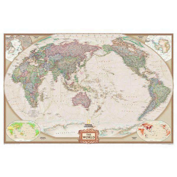 National Geographic Mapamundi Mapa de apariencia antiguo del mundo con Oceano Pacífico en el centro