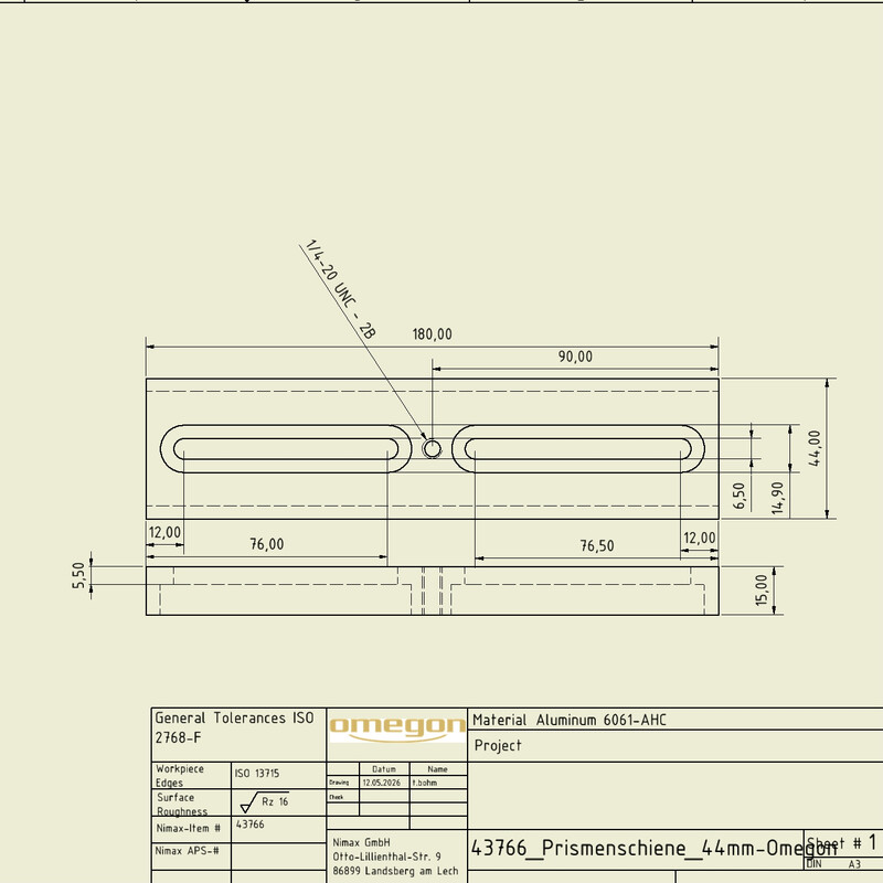 Omegon 180mm Riel en prisma con tornillo
