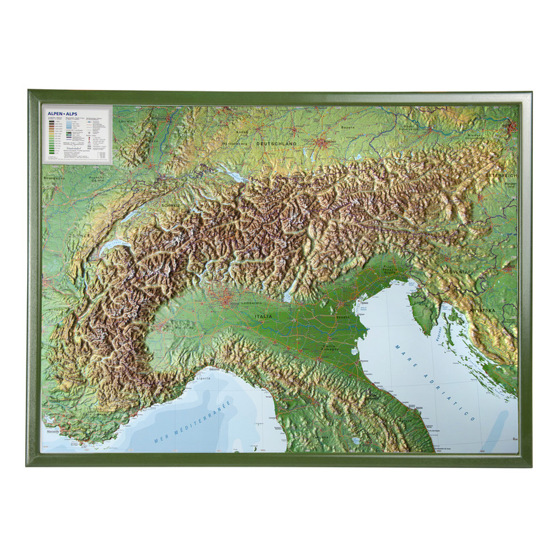 Georelief Arco alpino, grande, mapa en relieve 3D con marco de madera