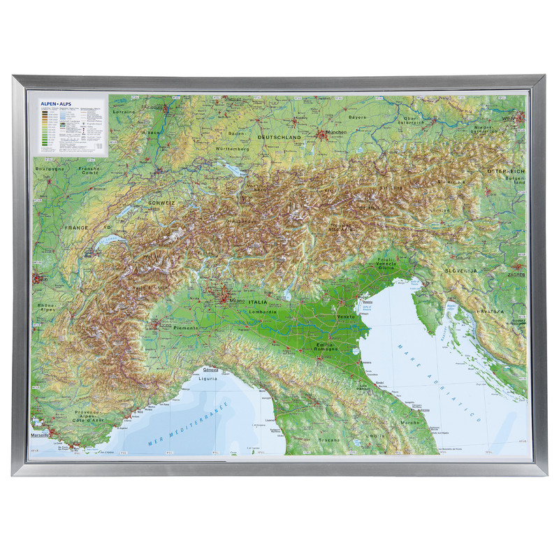 Georelief Arco alpino, grande, mapa en relieve 3D con marco de aluminio