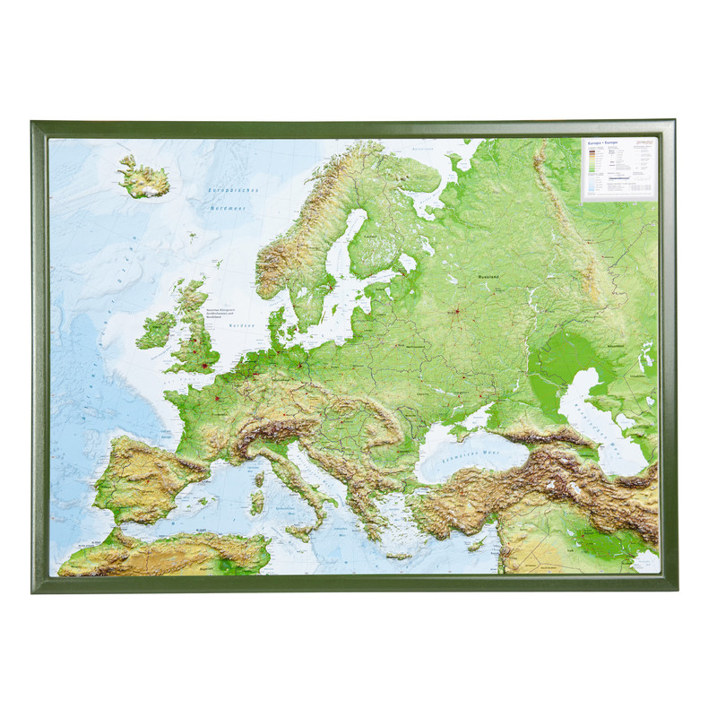 Georelief Europa, grande, mapa en relieve 3D con marco de madera