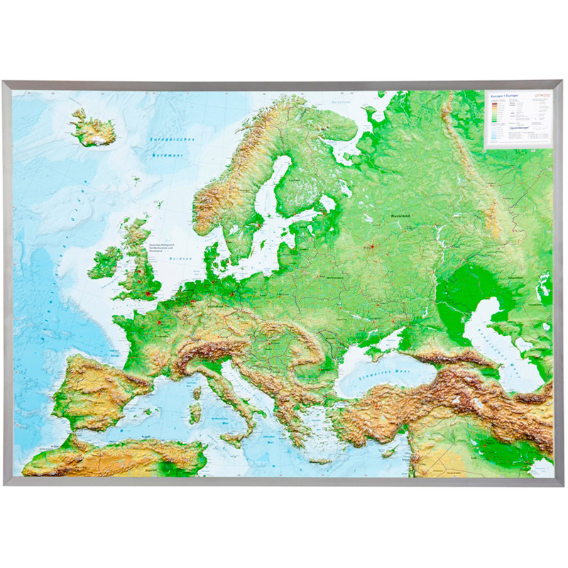 Georelief Europa, grande, mapa en relieve 3D con marco de aluminio