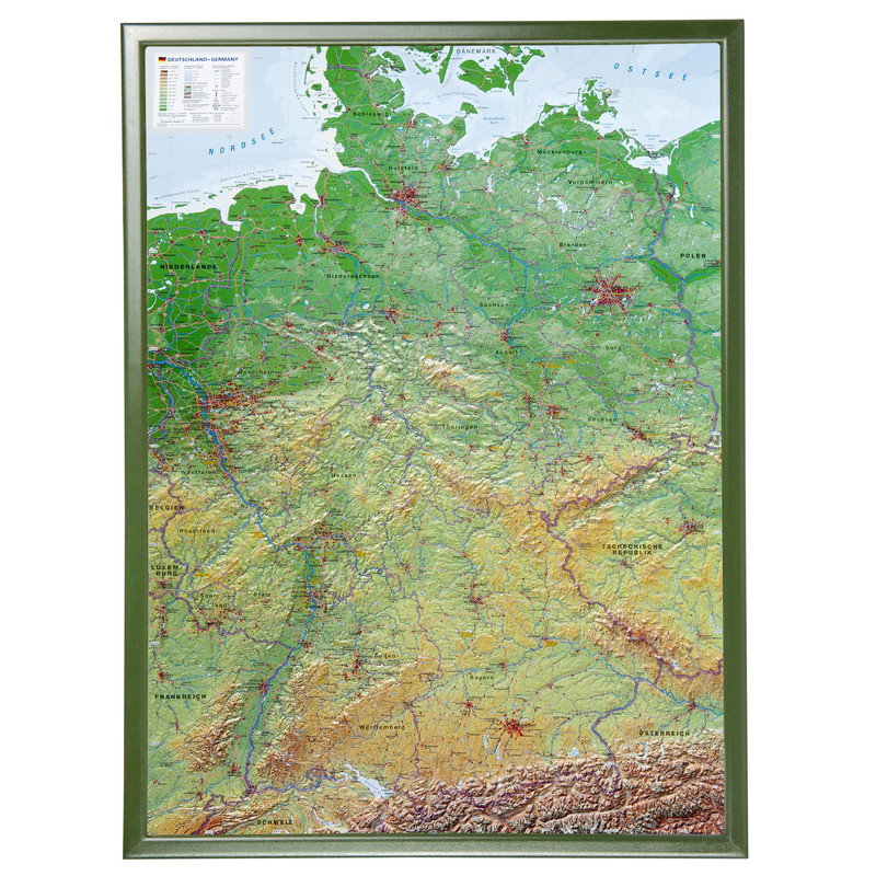 Georelief Alemania, grande, mapa en relieve 3D con marco de madera