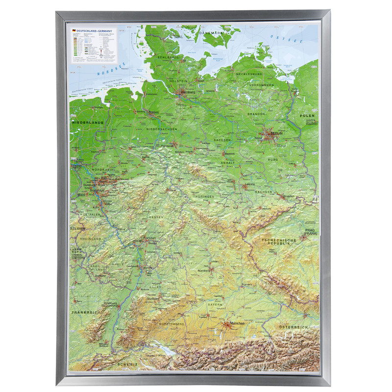 Georelief Alemania, grande, mapa en relieve 3D con marco de aluminio