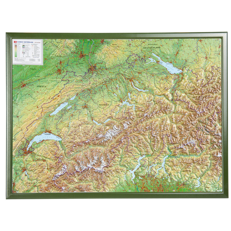 Georelief Suiza, grande, mapa en relieve 3D con marco de madera