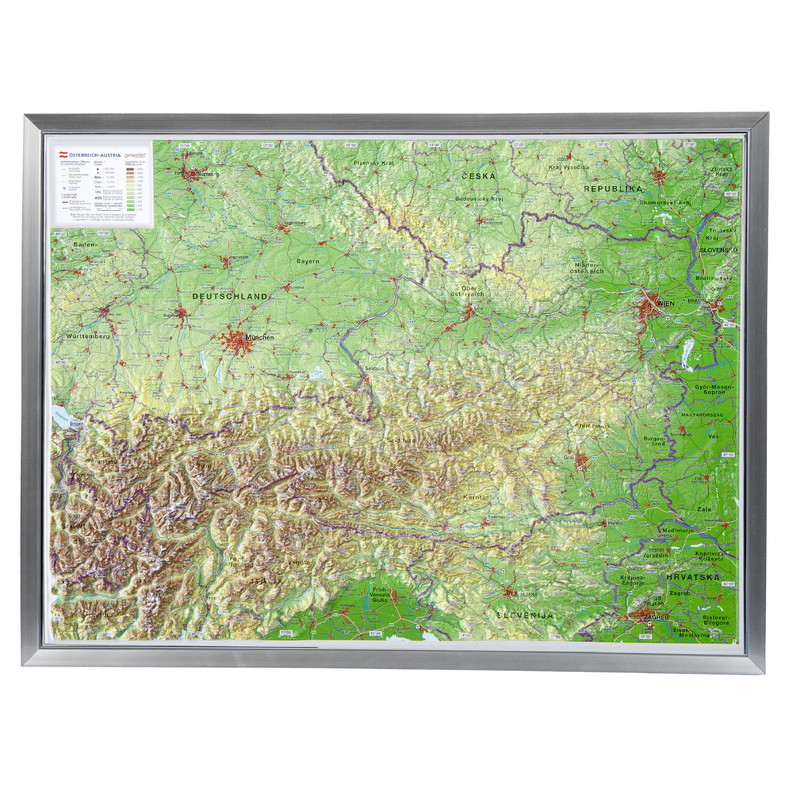 Georelief Austria, grande, mapa en relieve 3D con marco de aluminio