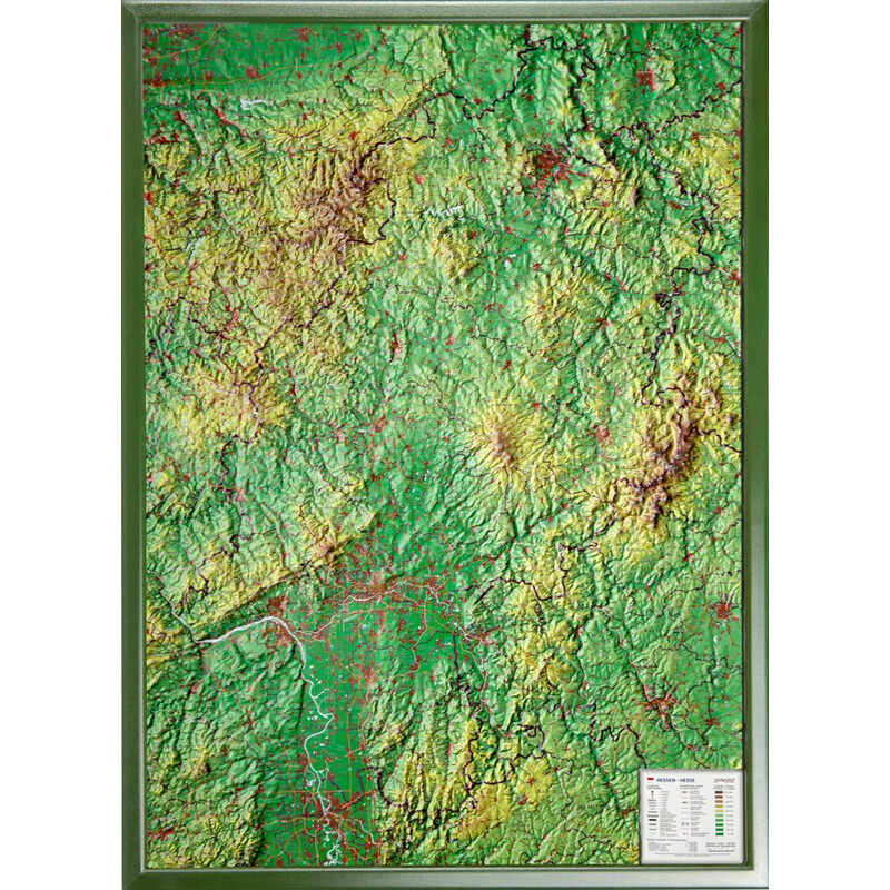 Georelief Estado federado de Hesse, grande, mapa en relieve 3D