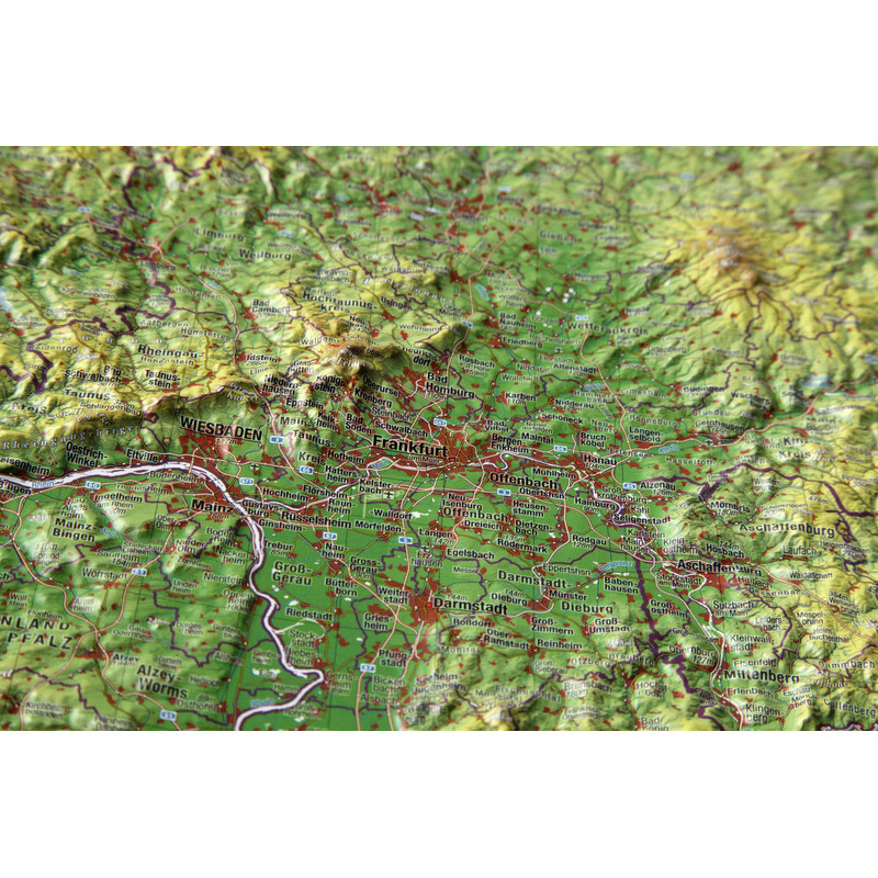 Georelief Estado federado de Hesse, pequeño, mapa en relieve 3D