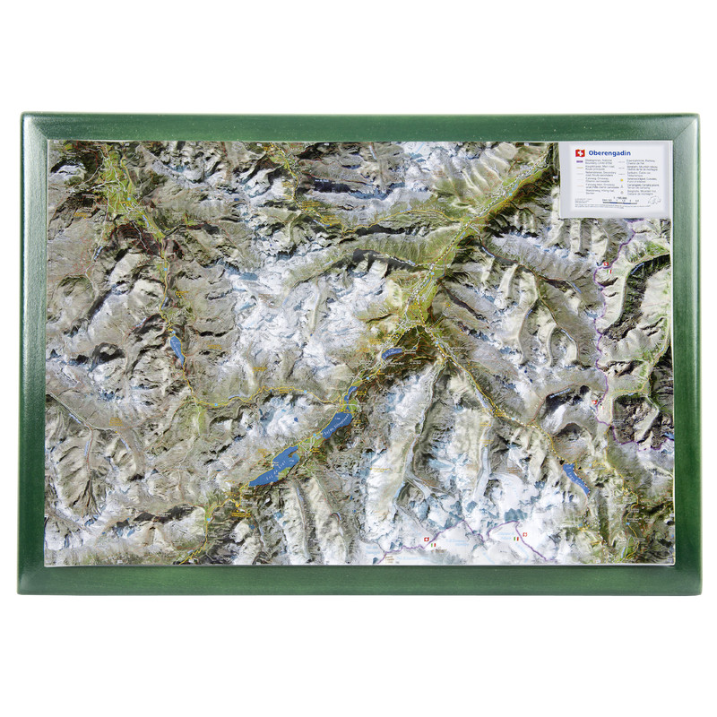 Georelief Mapa regional Alta Engadina con marco de madera