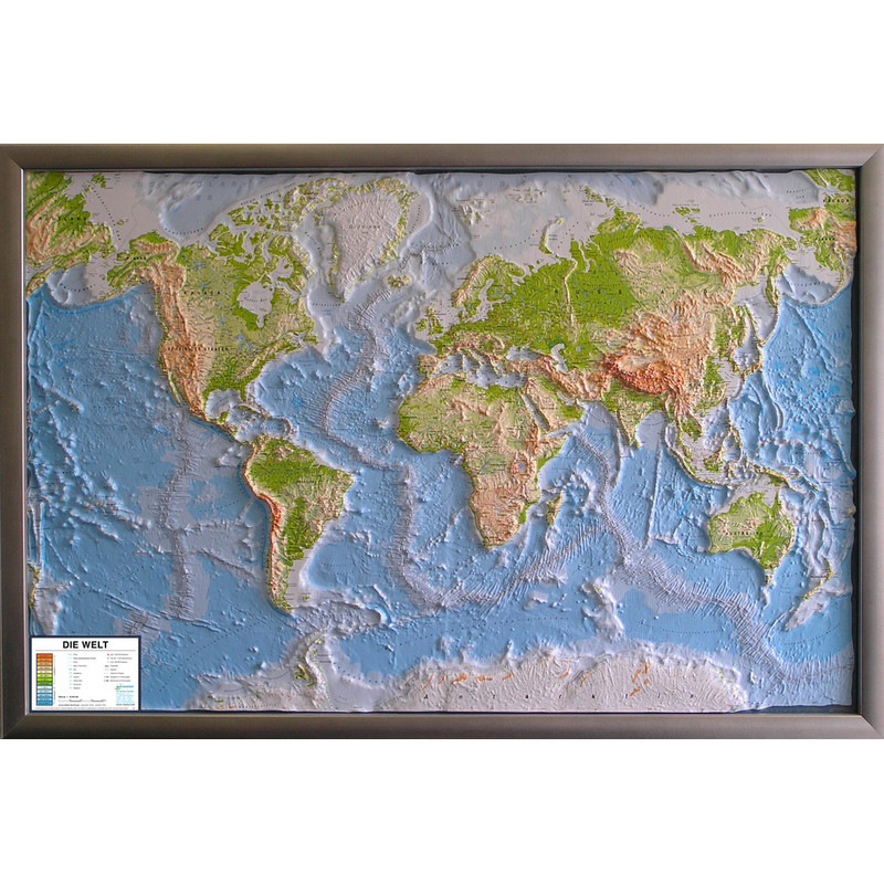 geo-institut Mapamundi Mapa mundial de , mapa en relieve del mundo, línea Silver, físico, en inglés