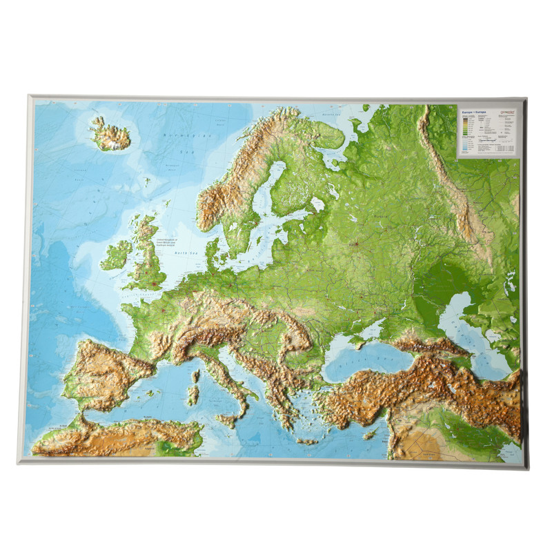 Georelief Mapa geográfico en relieve de Europa, grande, 3D, INGLÉS