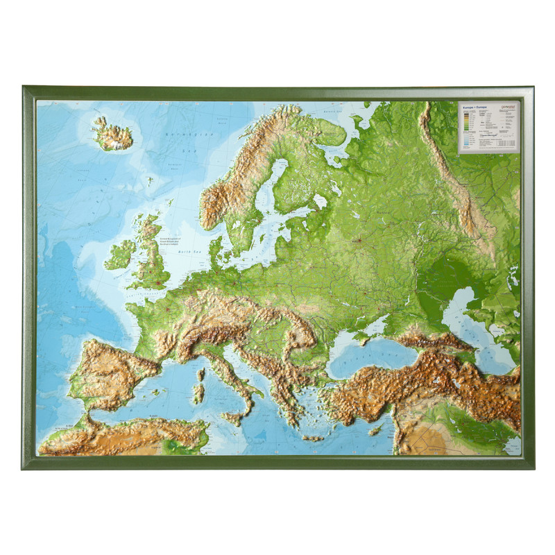 Georelief Mapa geográfico en relieve de Europa, grande, 3D con marco de madera, INGLÉS