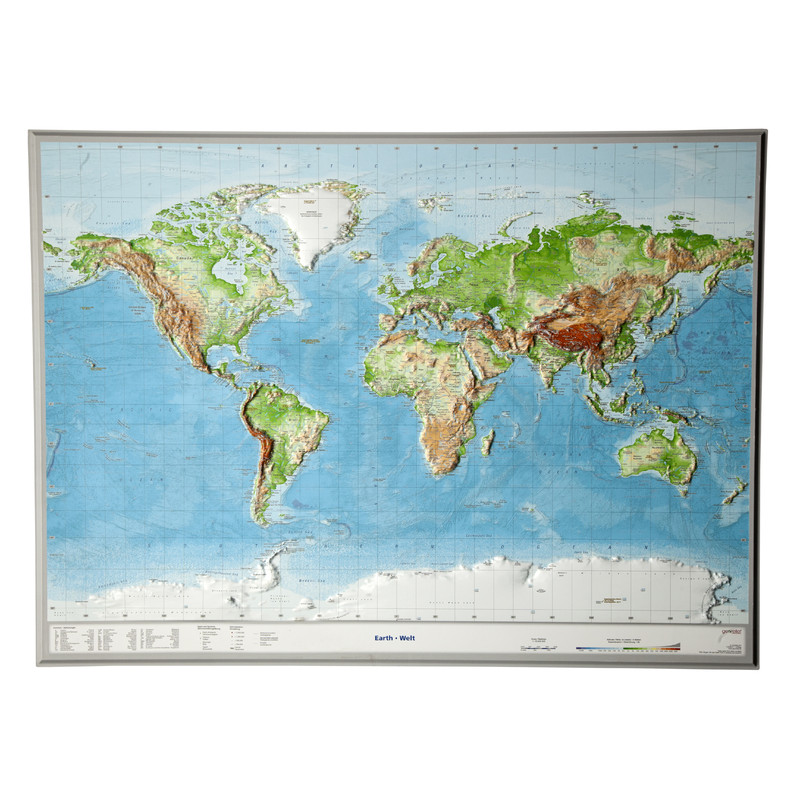 Georelief Mapamundi Mapa geográfico en relieve del mundo, grande, 3D, INGLÉS