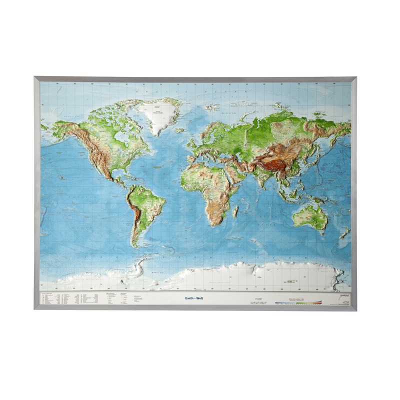 Georelief Mapamundi Mapa geográfico en relieve del mundo, grande, 3D con marco de aluminio, INGLÉS