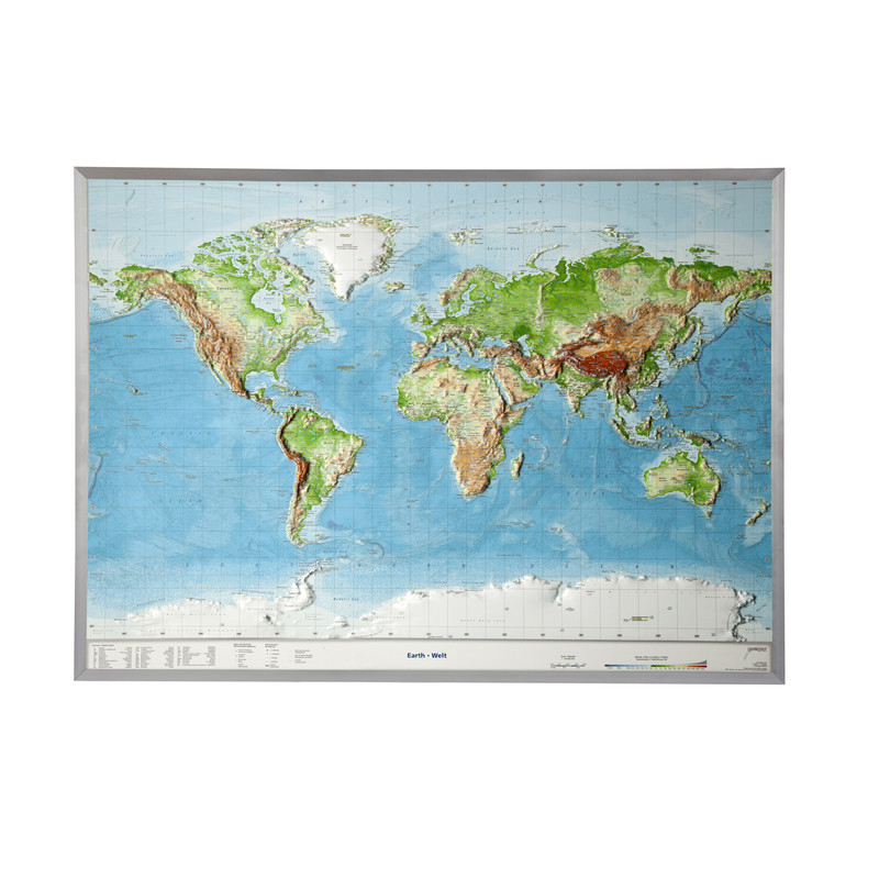 Georelief Mapamundi Mapa geográfico en relieve del mundo, grande, 3D con marco de aluminio, INGLÉS