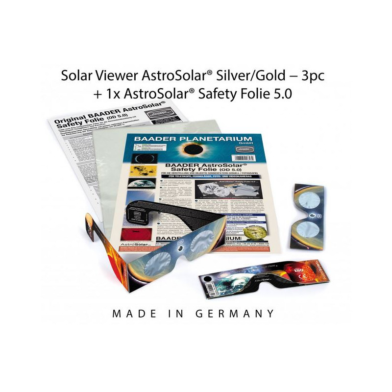 Baader Filtros solares: 3 gafas AstroSolar® plateadas/doradas y 1 lámina AstroSolar