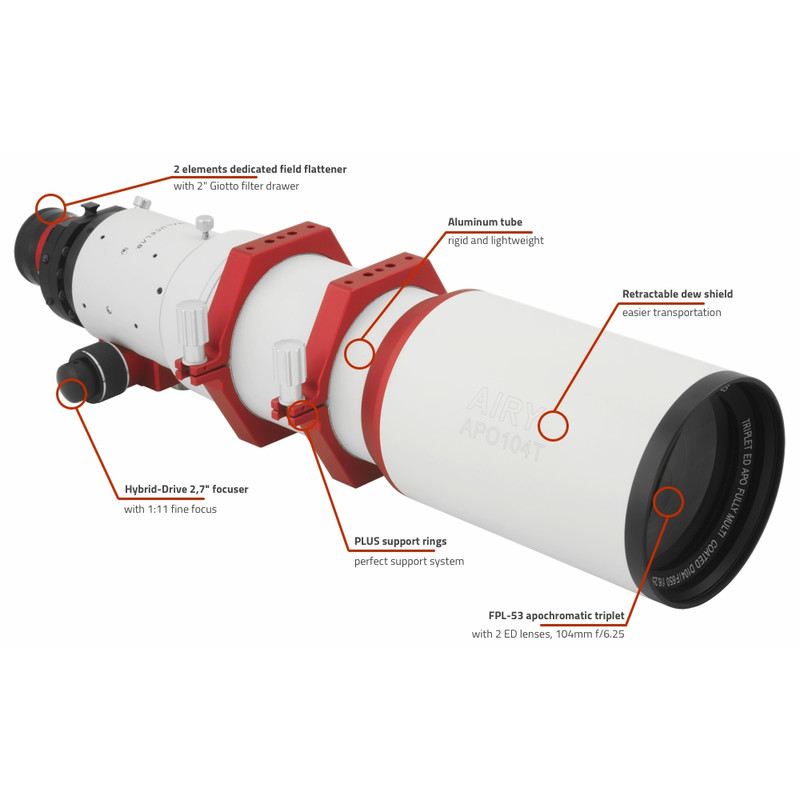 PrimaLuceLab Refractor apocromático AP 104/650 T Airy + Field Flattener + Filter Drawer OTA