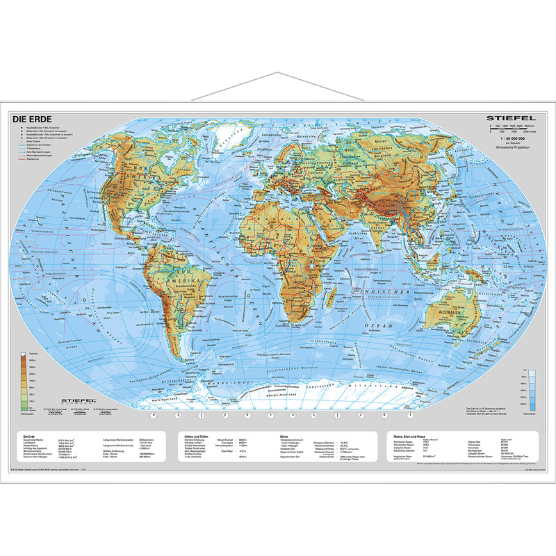 Stiefel Mapamundi Mapa físico de la Tierra con guías metálicas