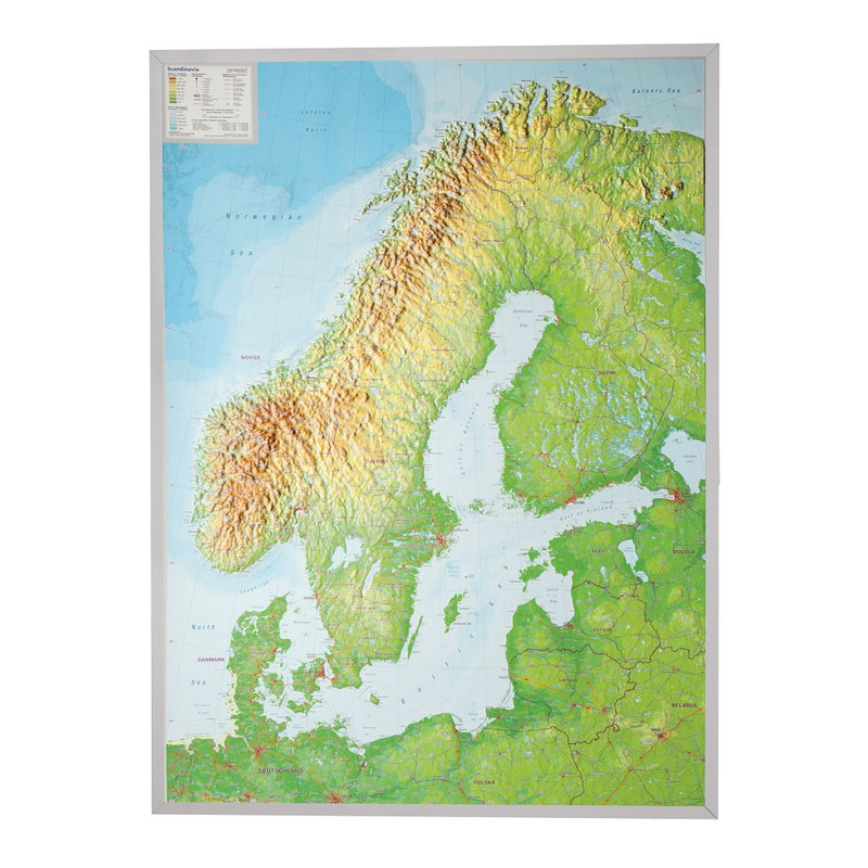Georelief Escandinavia, grande, mapa en relieve 3D con marco de plástico en color plata